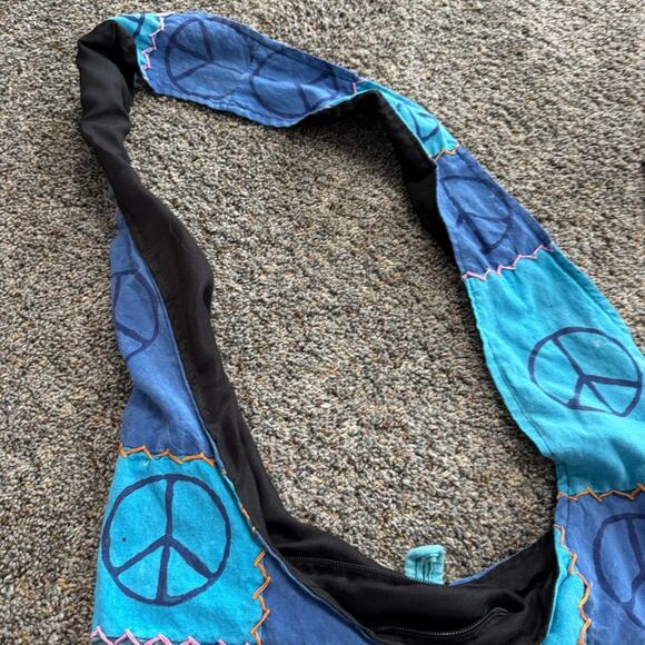 Handmade Hippie Nepal Boho Crossbody Shoulder Bag Purse Blue Peace Signs Zipper - Picture 5 of 12